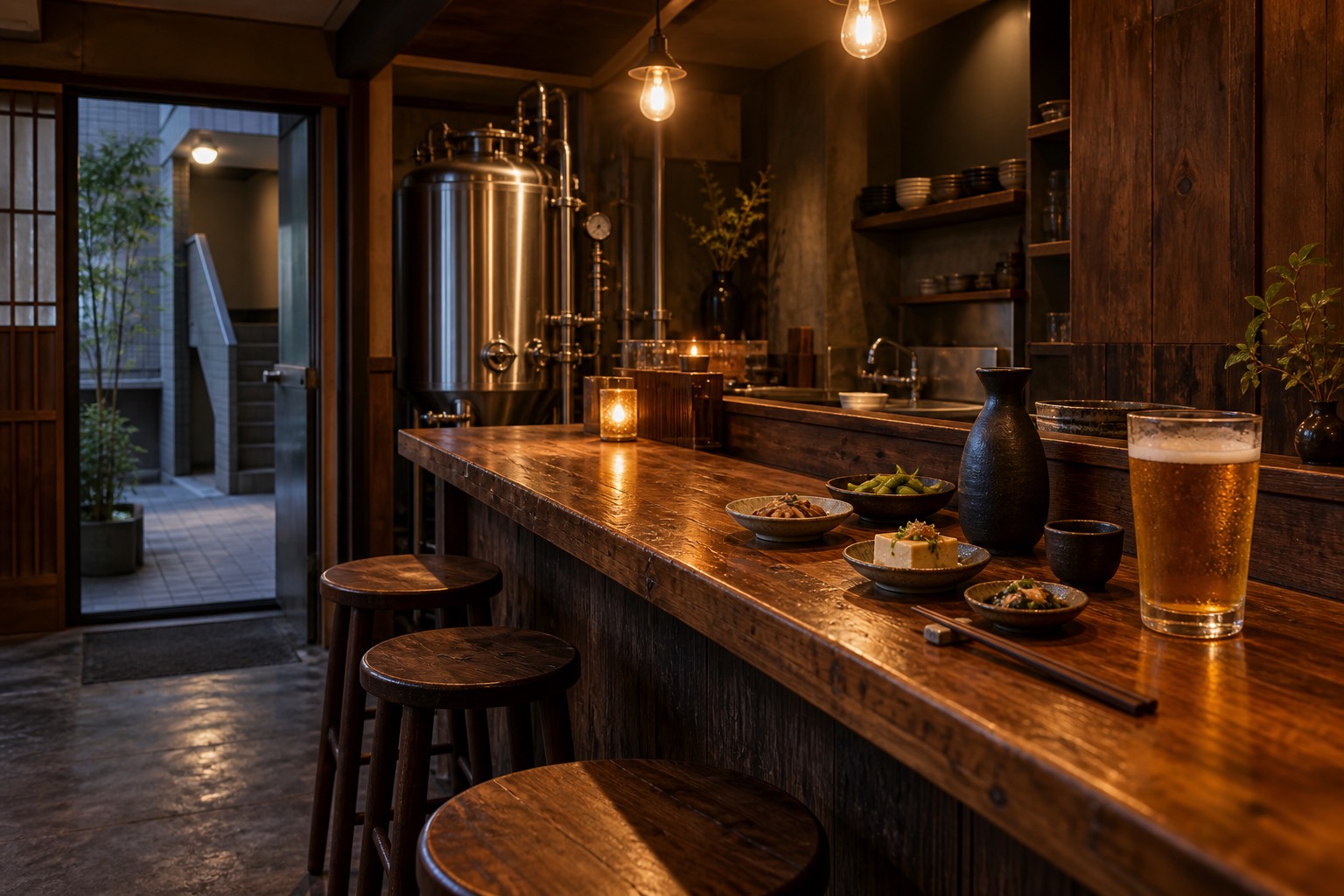 旧店舗のさかづきLabでは日本酒と小皿料理も楽しめる