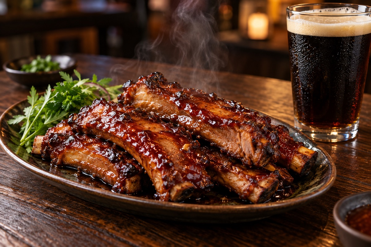 料理の主役は月山ビールで仕込んだスペアリブ